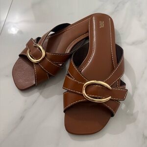 Zara Chestnut Brown Slide Mules with Gold Ring Detail